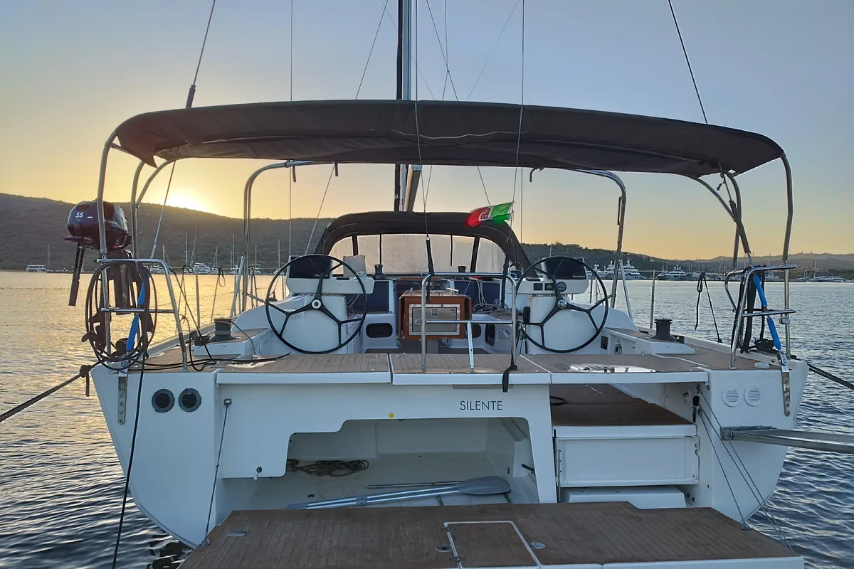 Deck of Silente, a Dufour 56 Exclusive sailboat at Olbia, Italy