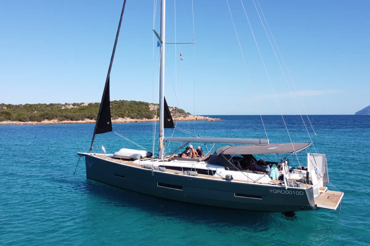 Exterior view of Silente, a Dufour 56 Exclusive sailboat at Olbia, Italy