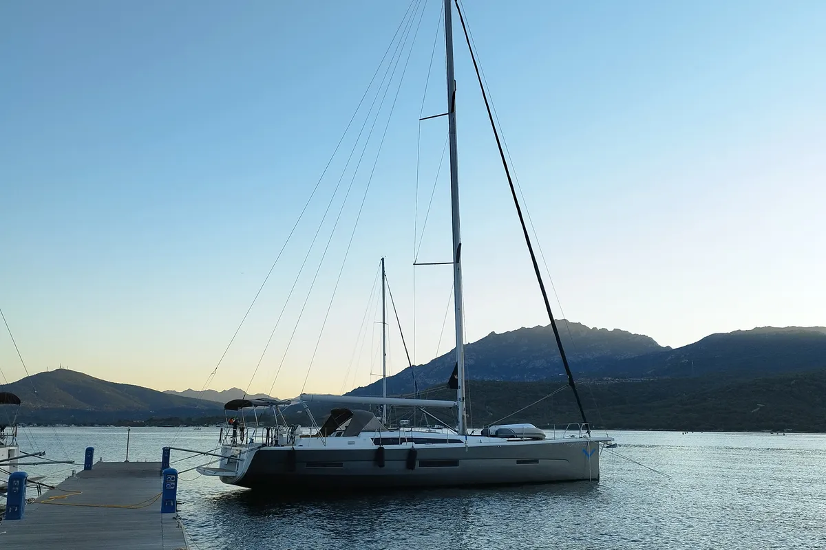 Exterior view of Silente, a Dufour 56 Exclusive sailboat at Olbia, Italy
