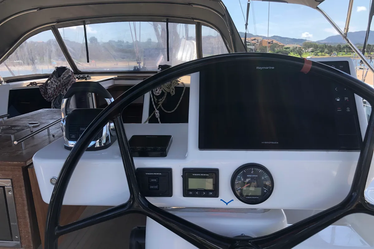 Deck of Silente, a Dufour 56 Exclusive sailboat at Olbia, Italy