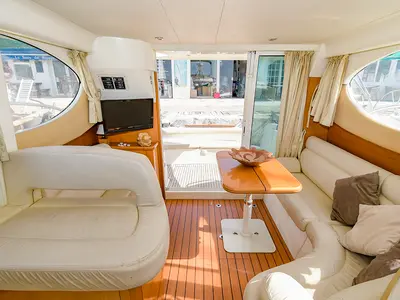 Salon of Kazan I, a Prestige 32 motorboat at Sitges, Spain
