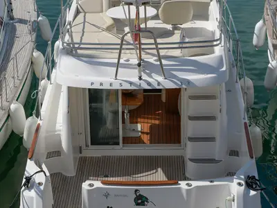 Deck of Kazan I, a Prestige 32 motorboat at Sitges, Spain