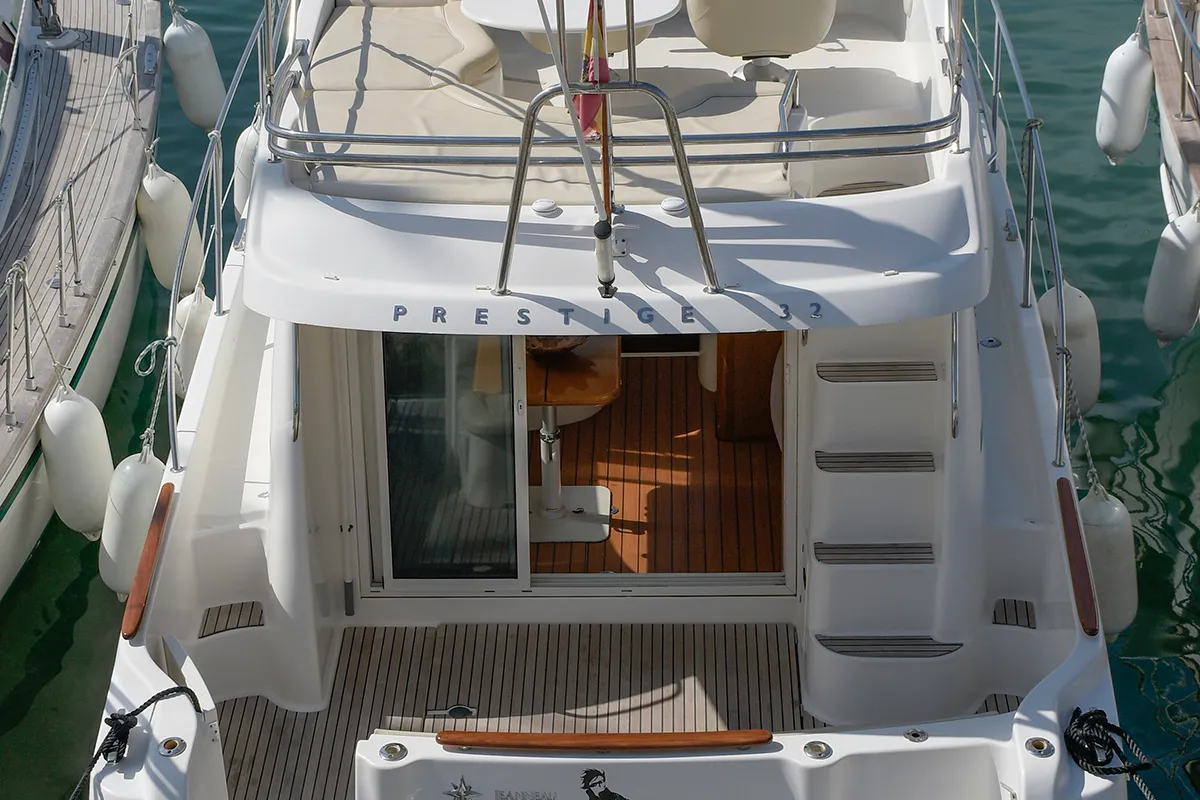 Deck of Kazan I, a Prestige 32 motorboat at Sitges, Spain
