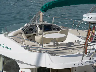 Cockpit of Kazan I, a Prestige 32 motorboat at Sitges, Spain