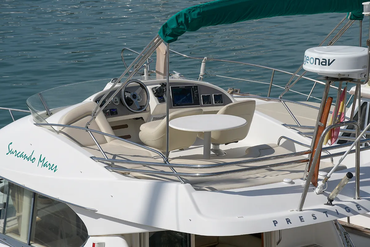 Cockpit of Kazan I, a Prestige 32 motorboat at Sitges, Spain