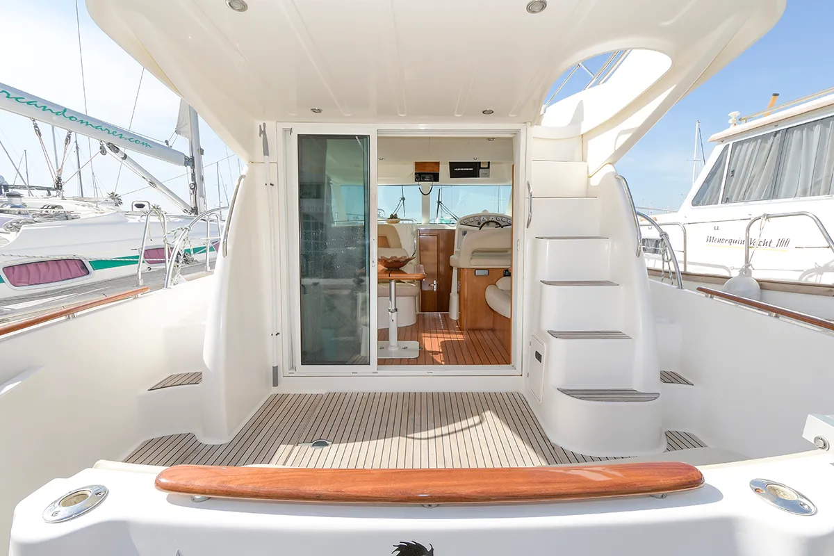 Deck of Kazan I, a Prestige 32 motorboat at Sitges, Spain