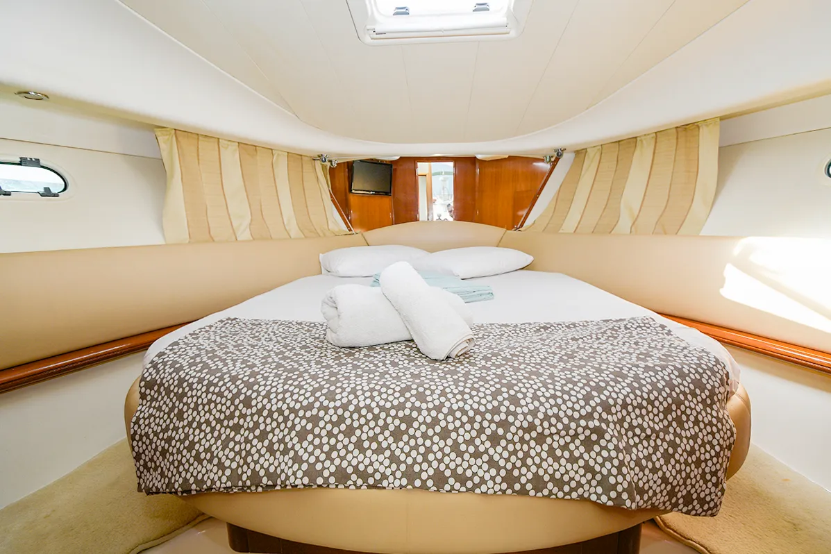 Cabin on Kazan I, a Prestige 32 motorboat at Sitges, Spain