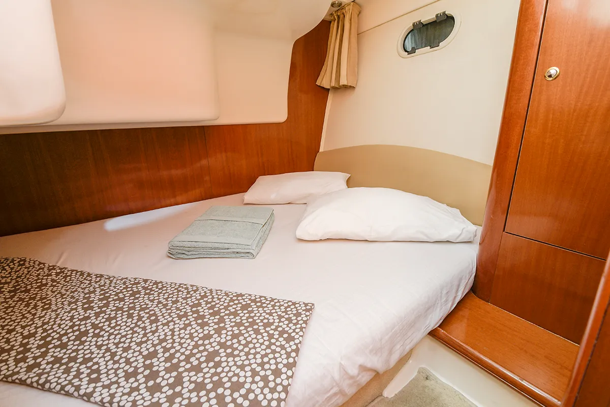 Cabin on Kazan I, a Prestige 32 motorboat at Sitges, Spain