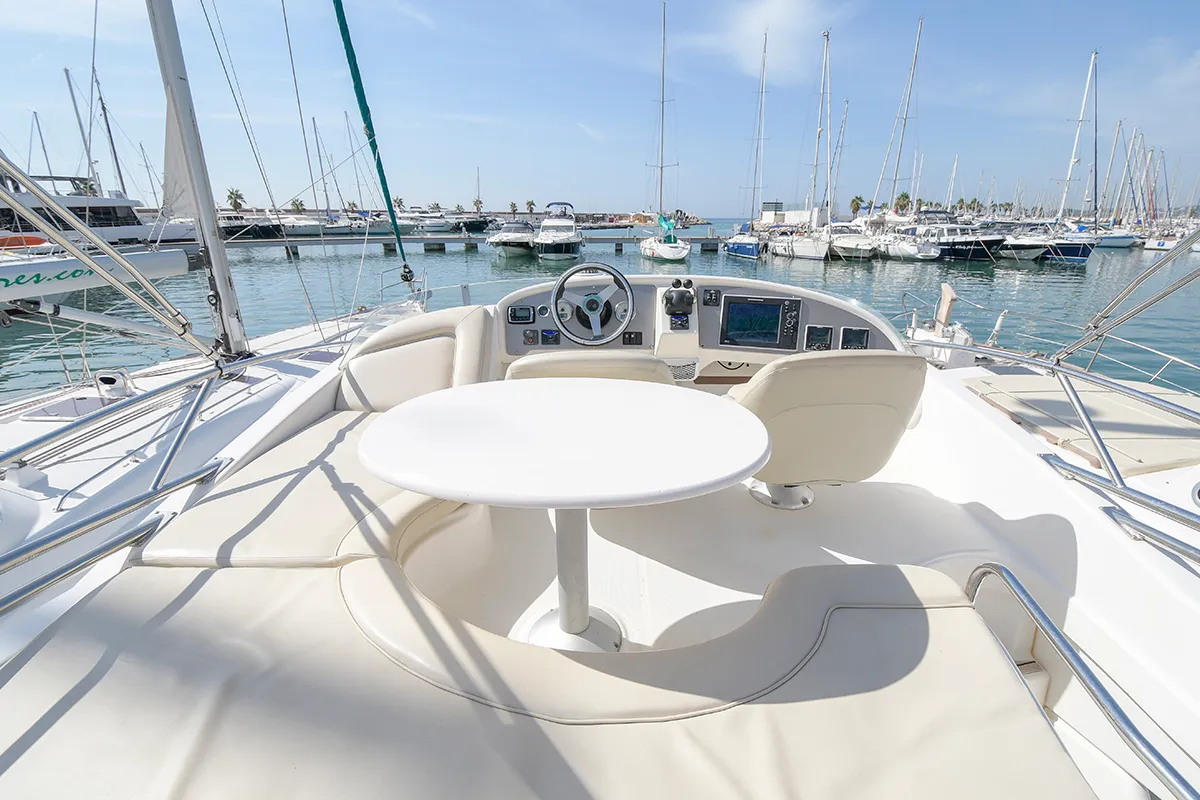 Cockpit of Kazan I, a Prestige 32 motorboat at Sitges, Spain