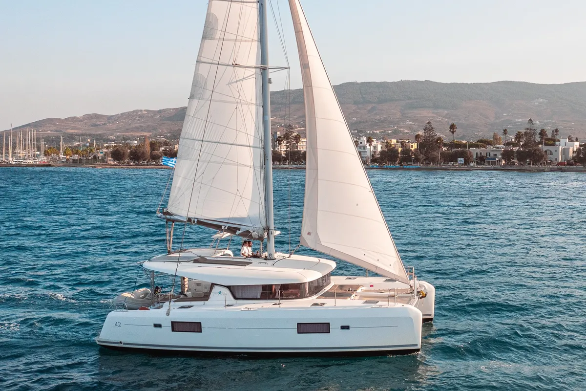 Exterior view of Plous, a Lagoon 42 catamaran at Kos, Greece