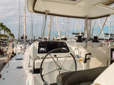 Cockpit of Plous, a Lagoon 42 catamaran at Kos, Greece