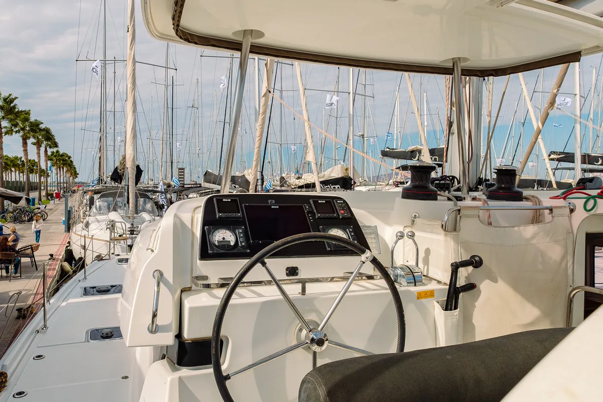 Cockpit of Plous, a Lagoon 42 catamaran at Kos, Greece