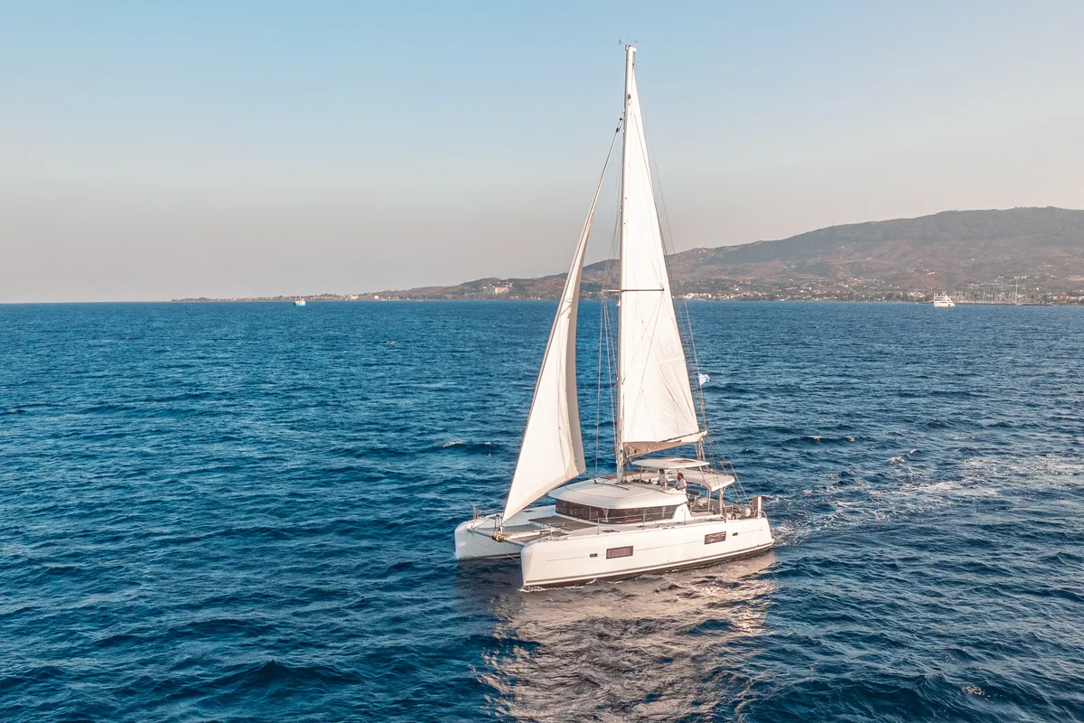 Exterior view of Plous, a Lagoon 42 catamaran at Kos, Greece