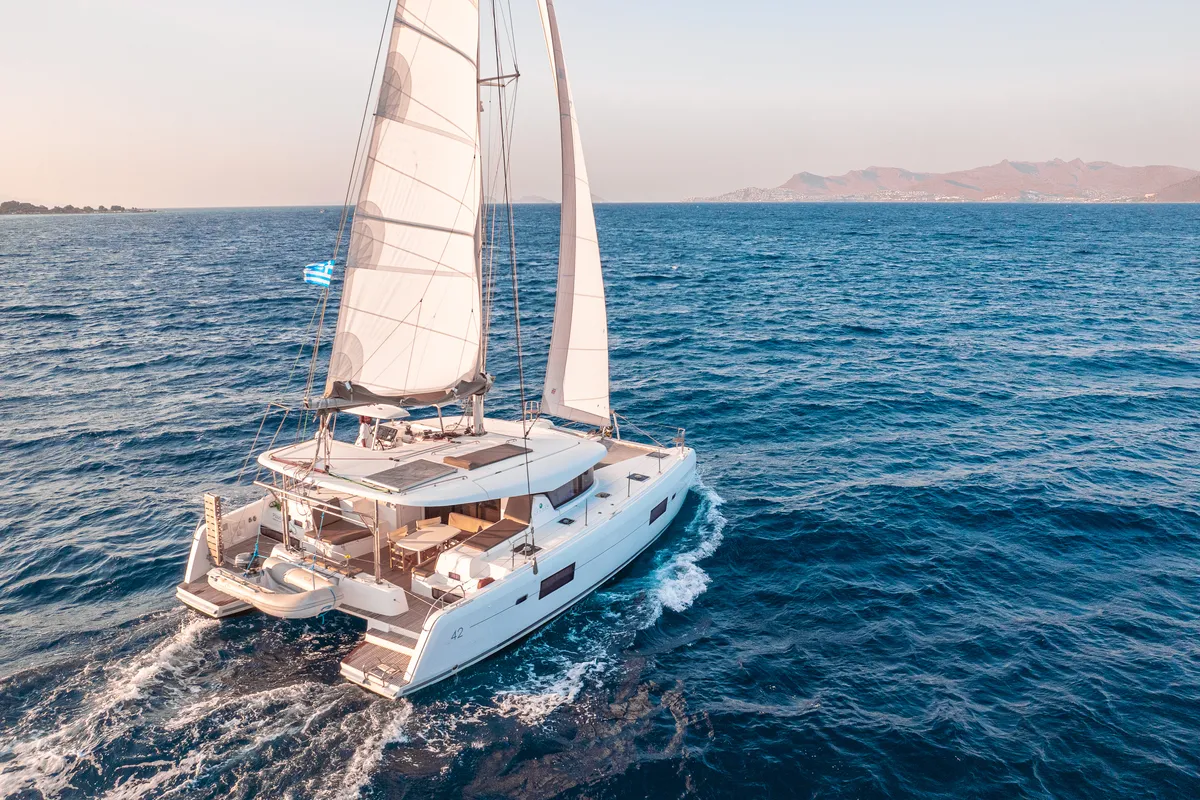 Exterior view of Plous, a Lagoon 42 catamaran at Kos, Greece