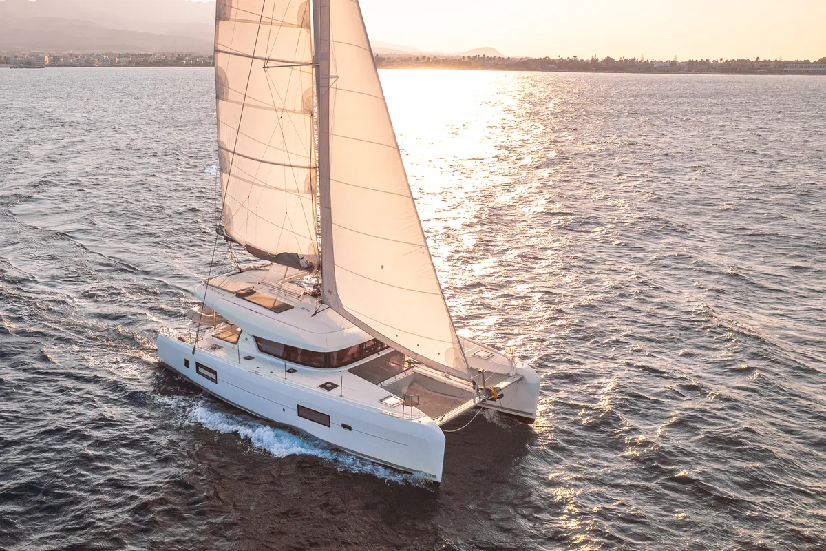 Exterior view of Plous, a Lagoon 42 catamaran at Kos, Greece