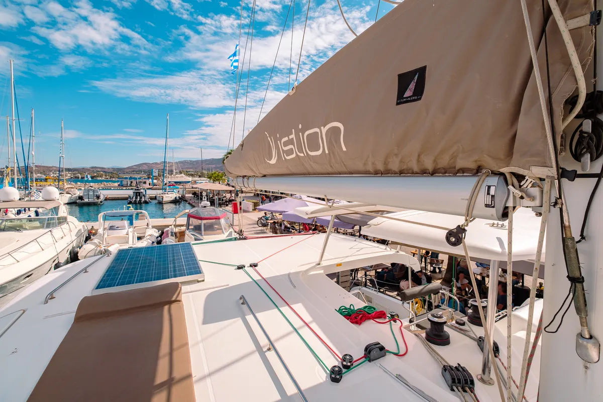 Deck of Plous, a Lagoon 42 catamaran at Kos, Greece