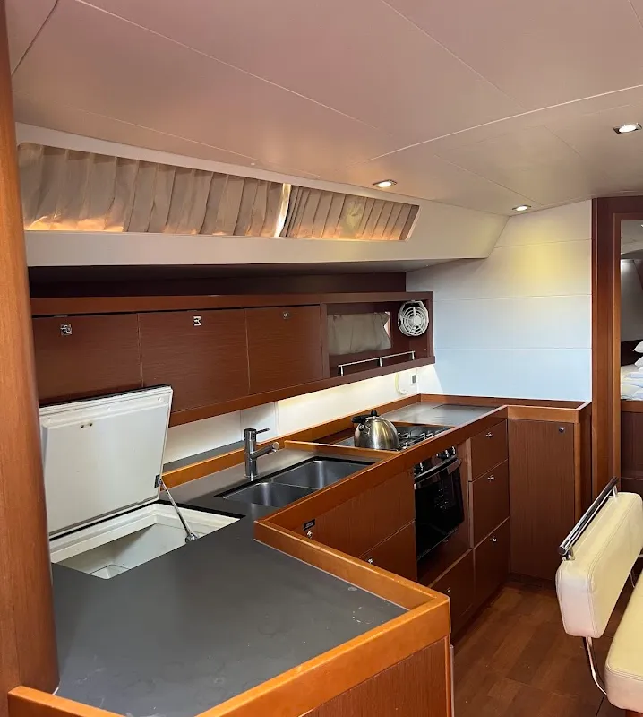Galley of Beautiful Love, a Beneteau Oceanis 45 sailboat at Kontokali, Greece