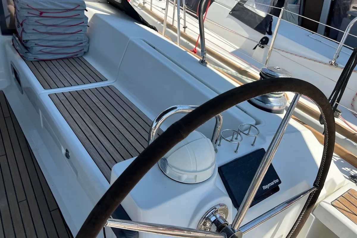 Cockpit of Beautiful Love, a Beneteau Oceanis 45 sailboat at Kontokali, Greece