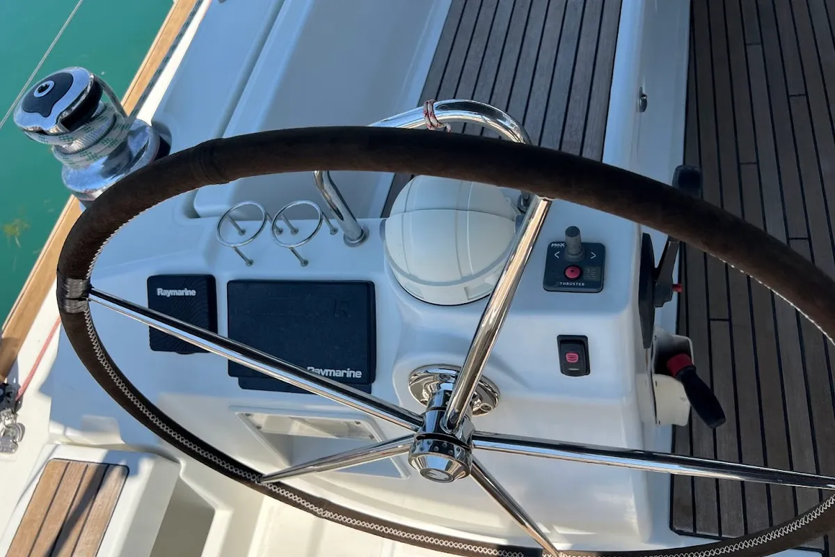 Cockpit of Beautiful Love, a Beneteau Oceanis 45 sailboat at Kontokali, Greece