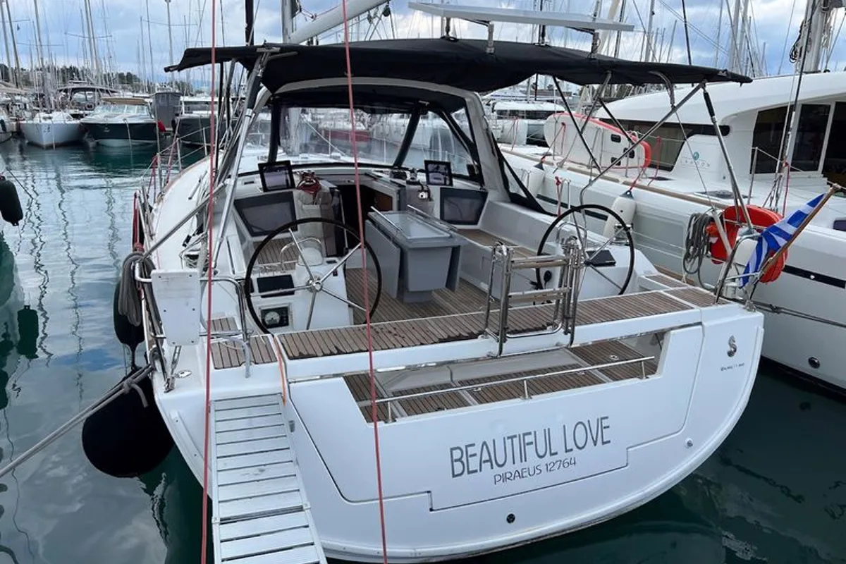 Exterior view of Beautiful Love, a Beneteau Oceanis 45 sailboat at Kontokali, Greece