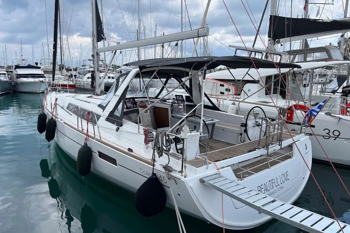 Exterior view of Beautiful Love, a Beneteau Oceanis 45 sailboat at Kontokali, Greece