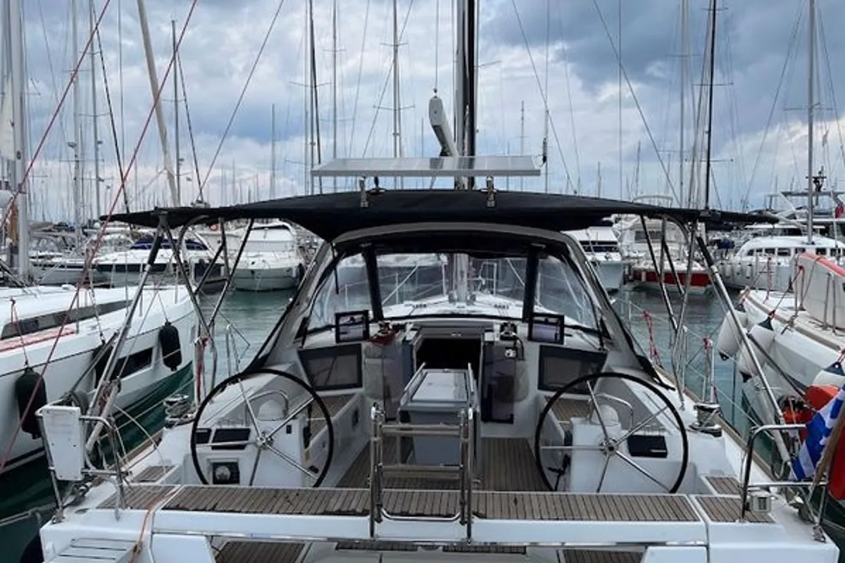 Exterior view of Beautiful Love, a Beneteau Oceanis 45 sailboat at Kontokali, Greece