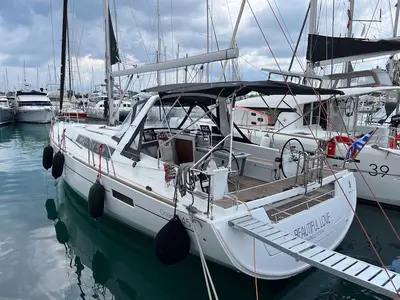 Cockpit of Beautiful Love, a Beneteau Oceanis 45 sailboat at Kontokali, Greece