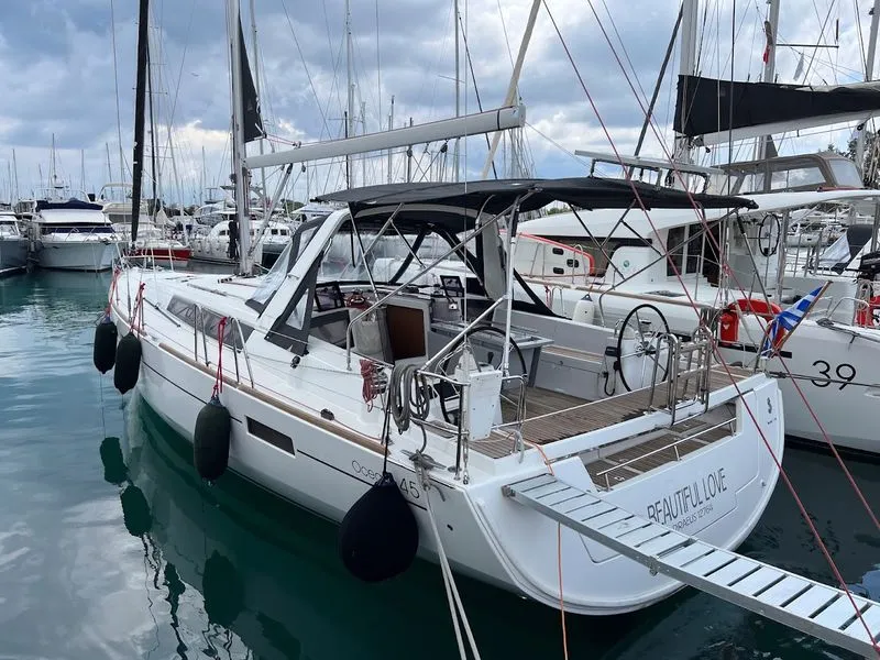 Cockpit of Beautiful Love, a Beneteau Oceanis 45 sailboat at Kontokali, Greece