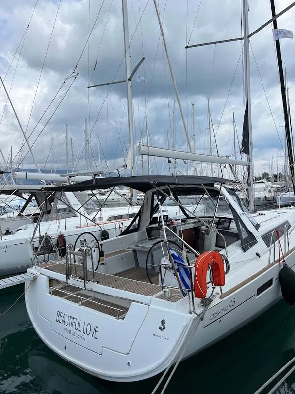 Deck of Beautiful Love, a Beneteau Oceanis 45 sailboat at Kontokali, Greece