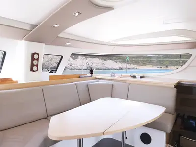Salon of Romeo and Juliet, a Fountaine Pajot Lipari 41 catamaran at Bodrum, Turkey