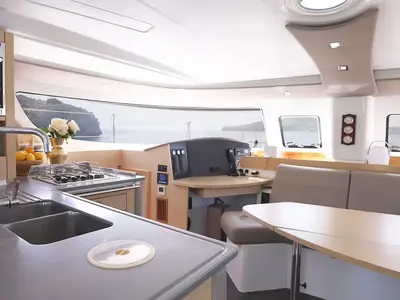 Galley of Romeo and Juliet, a Fountaine Pajot Lipari 41 catamaran at Bodrum, Turkey