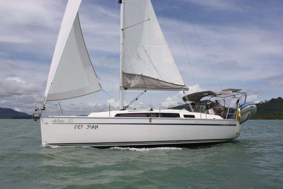 Exterior view of Fei Jian, a Bavaria Cruiser 33 sailboat at Mai Khao, Thailand