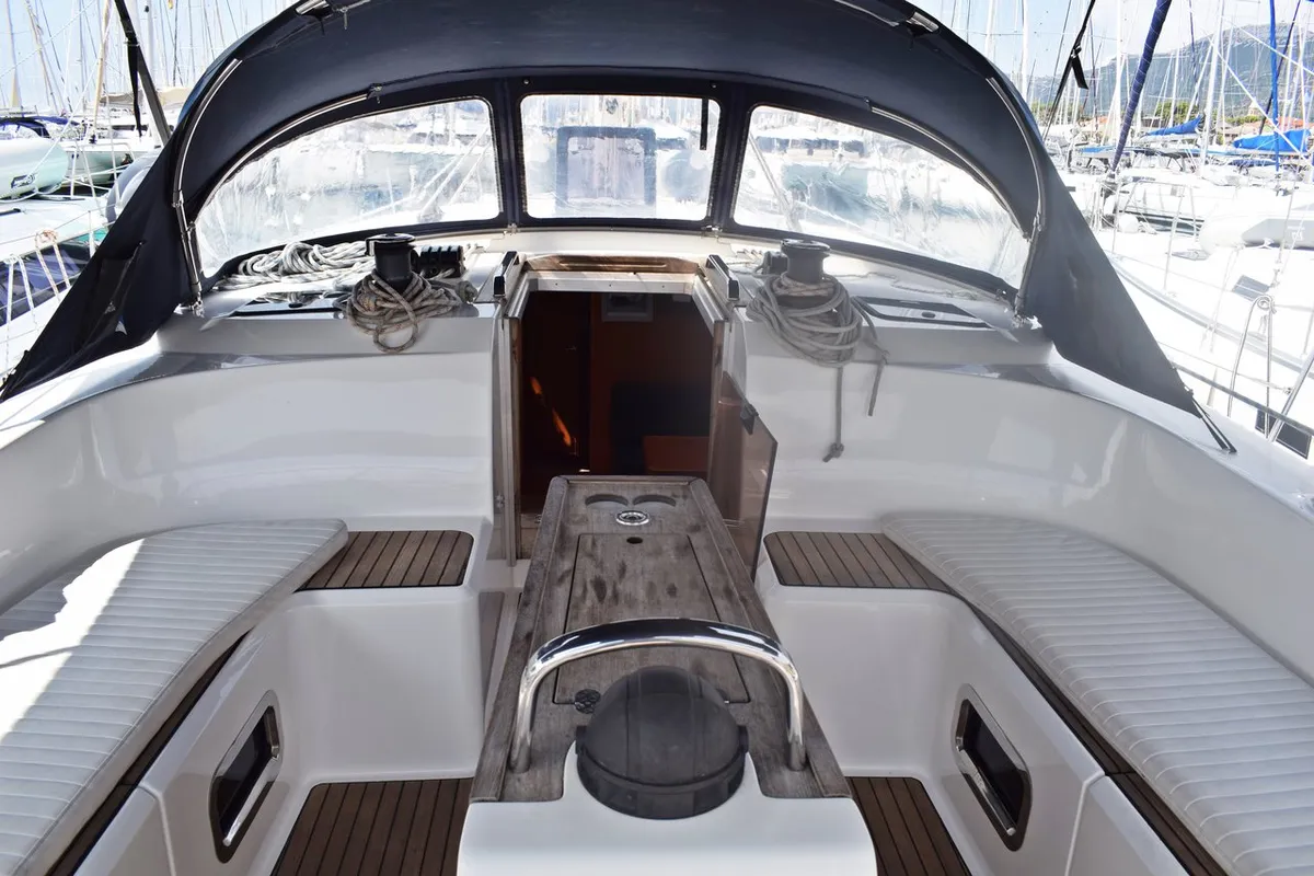 Deck of Podkamenica, a Bavaria Cruiser 51 sailboat at Grad Kaštela, Croatia