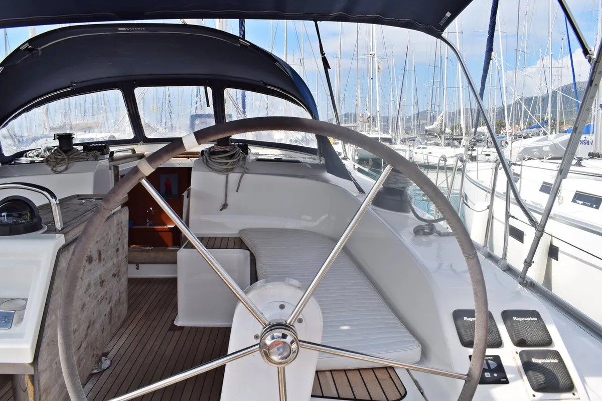 Cockpit of Podkamenica, a Bavaria Cruiser 51 sailboat at Grad Kaštela, Croatia