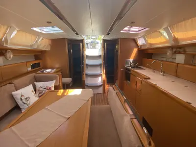 Salon of Capella II, a Jeanneau Sun Odyssey 44 i sailboat at Marmaris, Turkey