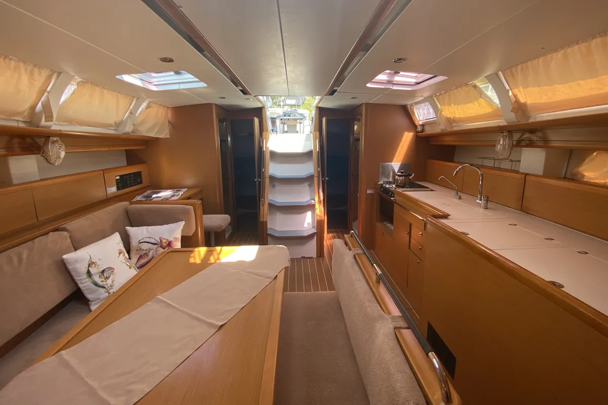 Salon of Capella II, a Jeanneau Sun Odyssey 44 i sailboat at Marmaris, Turkey