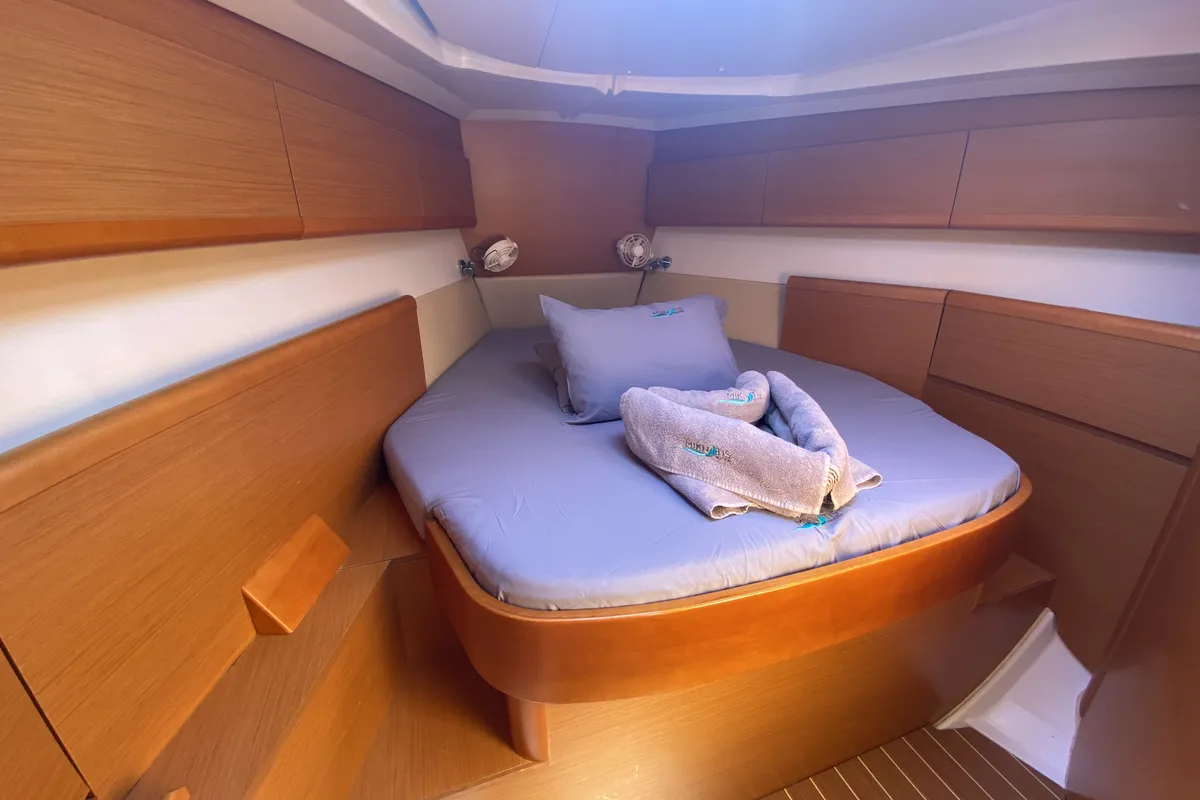 Cabin on Capella II, a Jeanneau Sun Odyssey 44 i sailboat at Marmaris, Turkey