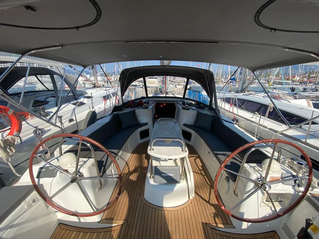 Cockpit of Capella II, a Jeanneau Sun Odyssey 44 i sailboat at Marmaris, Turkey