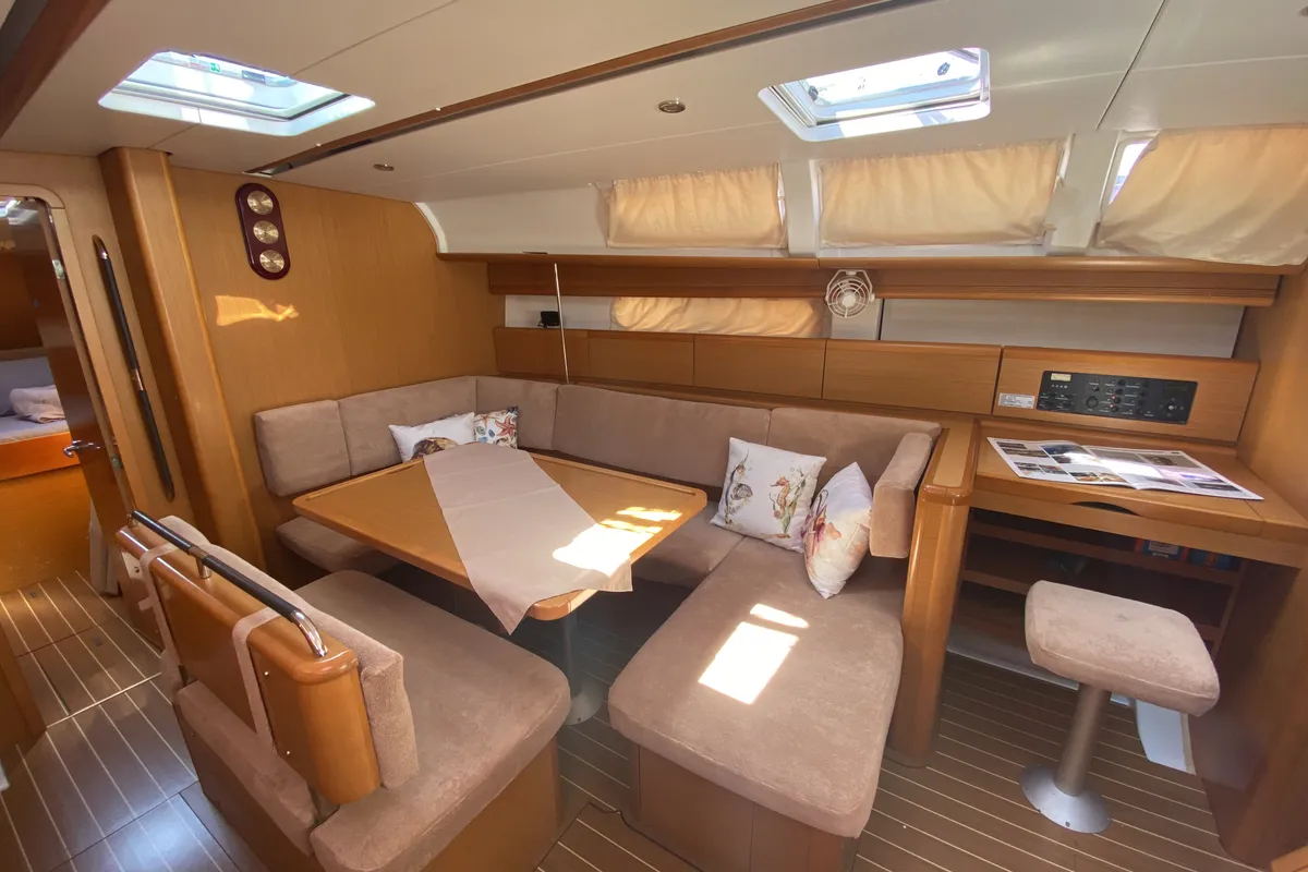 Salon of Capella II, a Jeanneau Sun Odyssey 44 i sailboat at Marmaris, Turkey