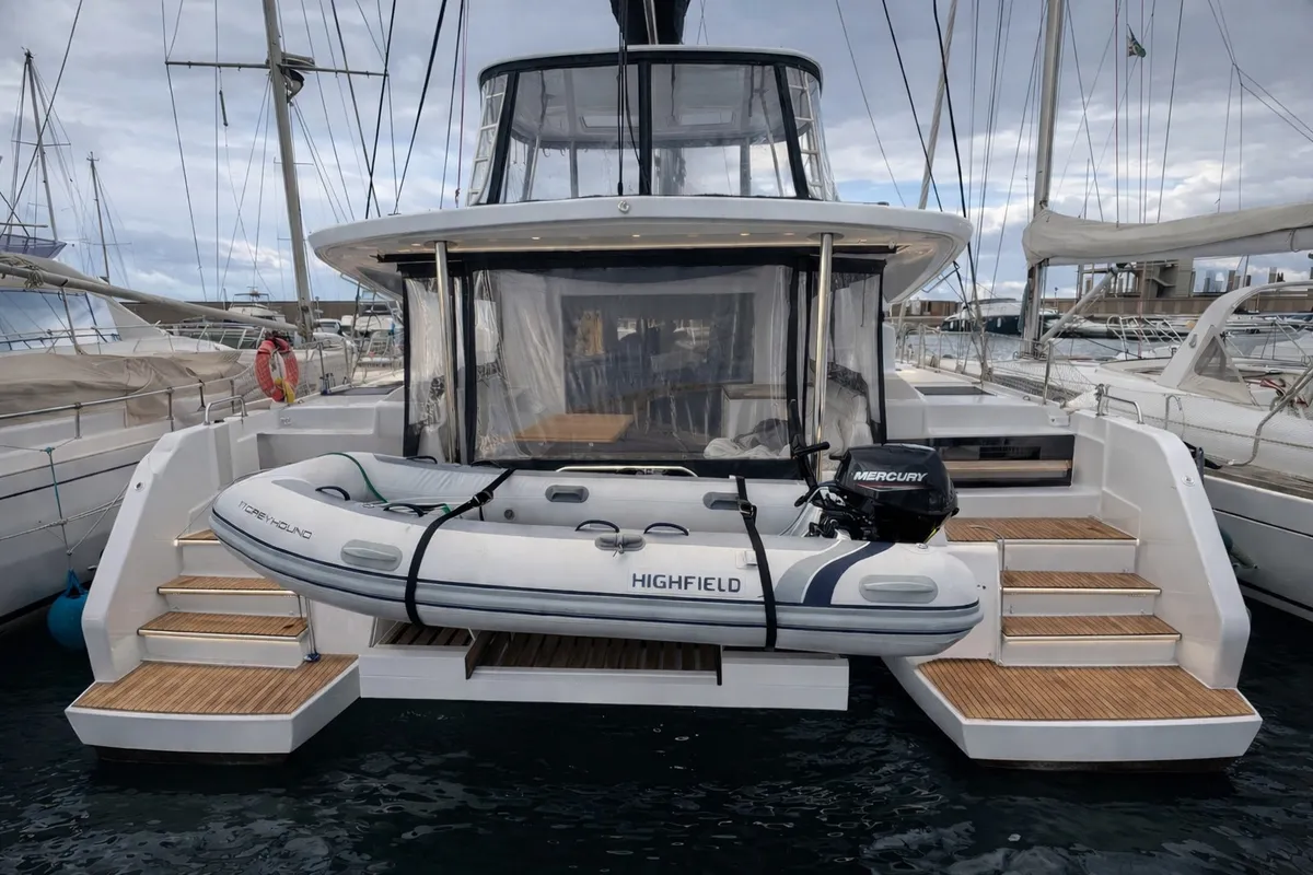 Exterior view of Titti, a Lagoon 50 catamaran at Nettuno, Italy