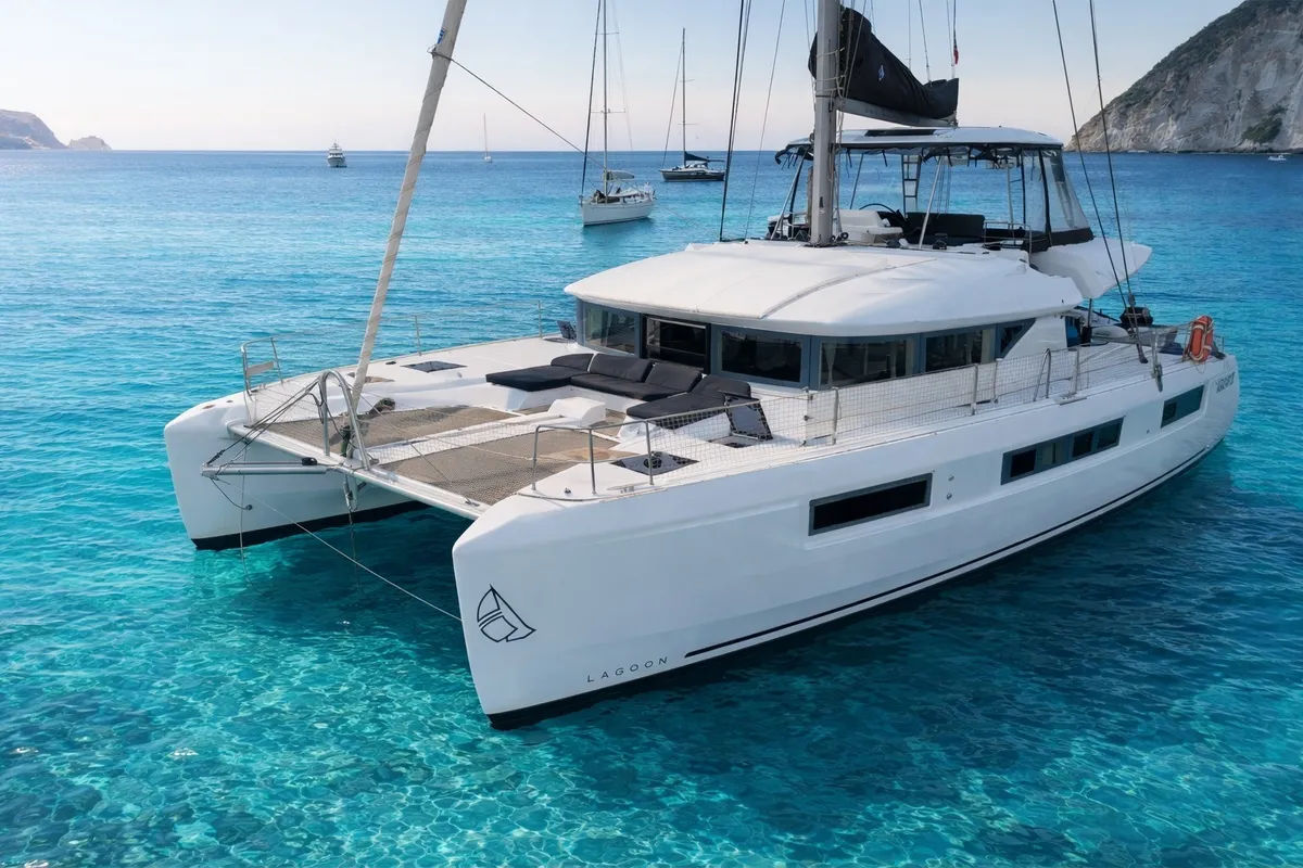 Exterior view of Titti, a Lagoon 50 catamaran at Nettuno, Italy