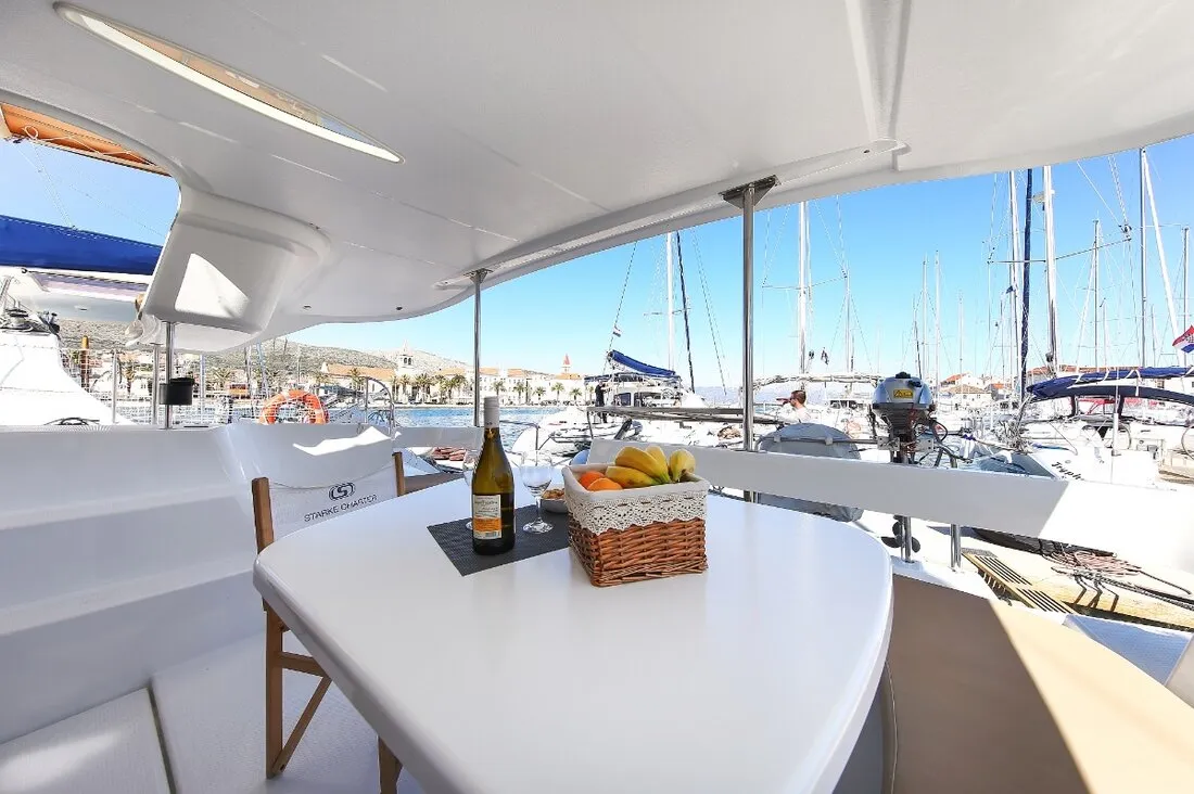 Deck of My Way, a Fountaine Pajot Lipari 41 catamaran at Kaş, Turkey