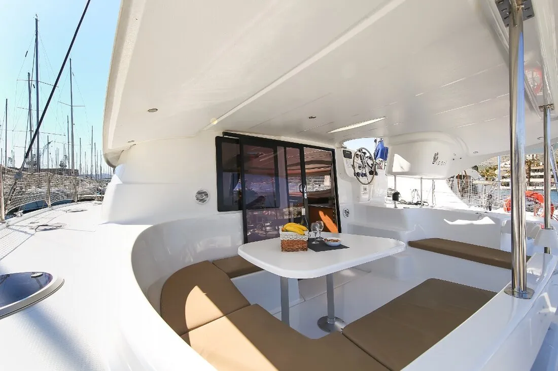 Deck of My Way, a Fountaine Pajot Lipari 41 catamaran at Kaş, Turkey