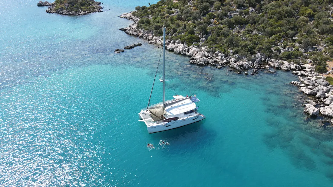 Exterior view of My Way, a Fountaine Pajot Lipari 41 catamaran at Kaş, Turkey