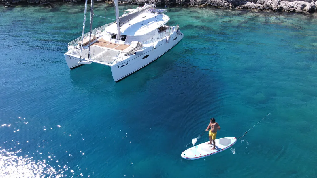 Exterior view of My Way, a Fountaine Pajot Lipari 41 catamaran at Kaş, Turkey
