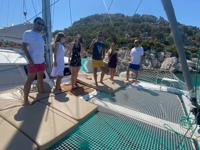 Deck of My Way, a Fountaine Pajot Lipari 41 catamaran at Kaş, Turkey