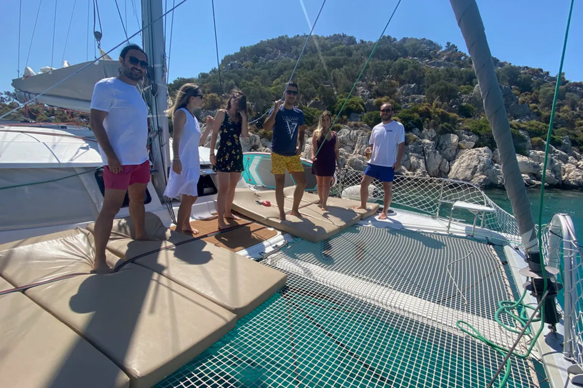 Deck of My Way, a Fountaine Pajot Lipari 41 catamaran at Kaş, Turkey