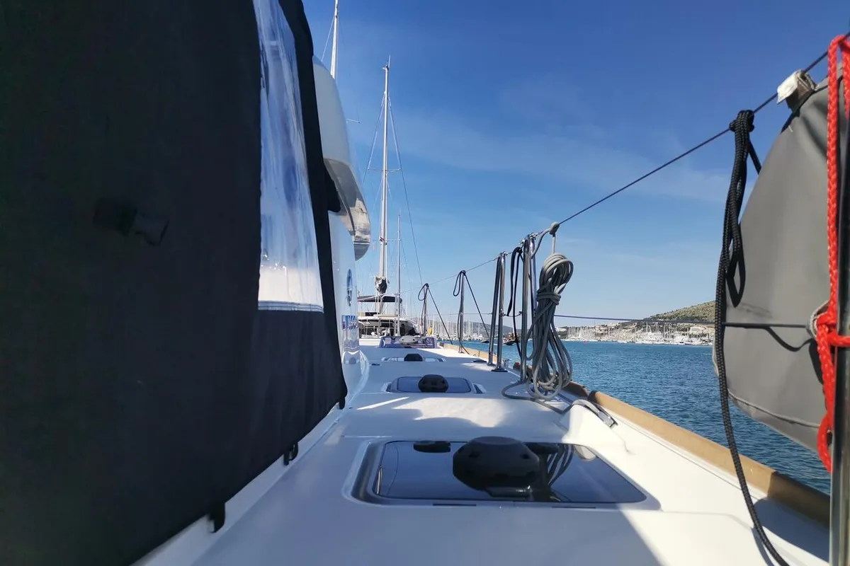 Deck of Wave elli, a Lagoon 40 catamaran at Grad Trogir, Croatia