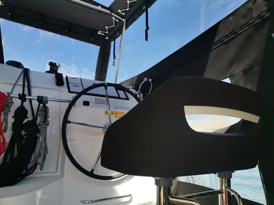 Cockpit of Wave elli, a Lagoon 40 catamaran at Grad Trogir, Croatia