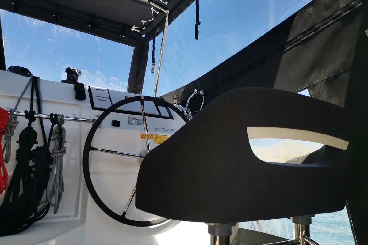 Cockpit of Wave elli, a Lagoon 40 catamaran at Grad Trogir, Croatia